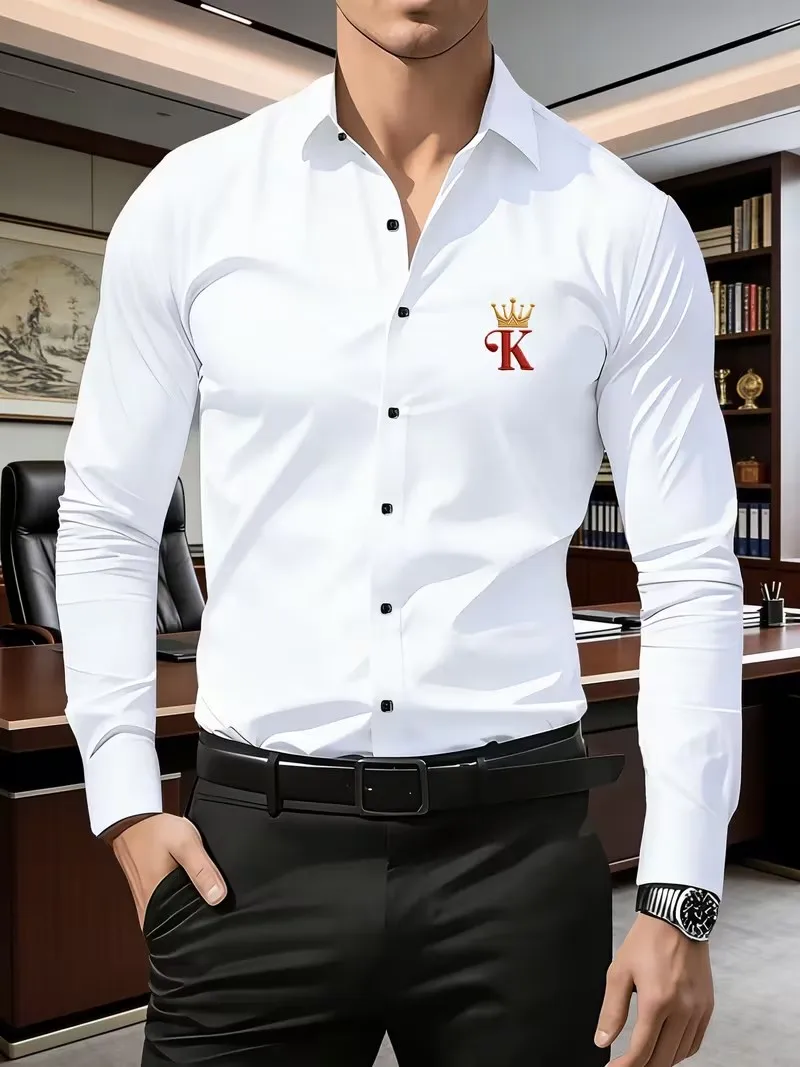 

Men's spring and summer breathable quick-dry shirt, fashion crown K imitation embroidery print, button design, high-quality busi