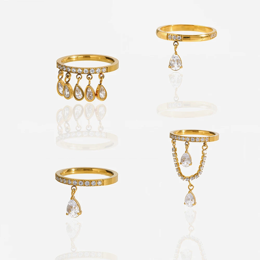 Funkelnder Wassertropfen-Zirkonia-Ring, 18K vergoldeter Edelstahl, wasserdicht, elegant, trendig, Party-Geschenk für Damen