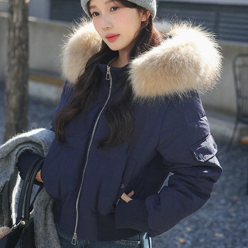 Chic Navy Women Padded Jacket Faux Fur Hood Zip Up Coat Long Sleeve Cropped Loose Cozy Streetwear Winter Outerwear Top