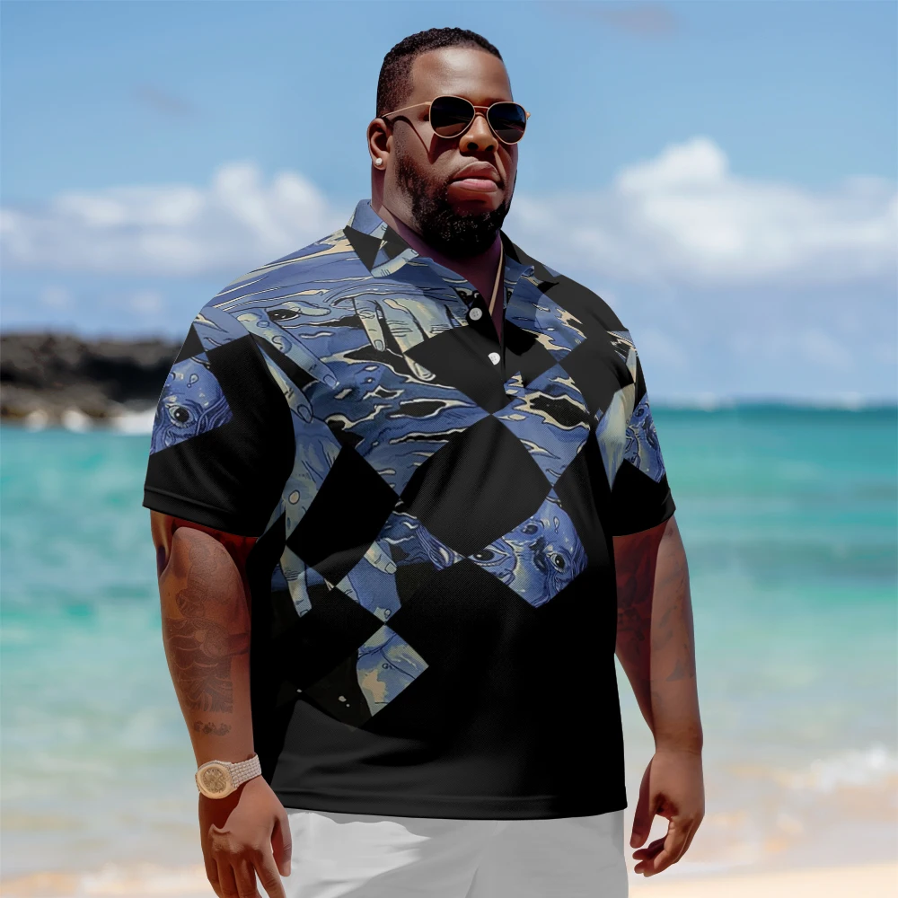 

Plus Size Men's Summer Short Sleeve Lapel Portrait plaid printed short sleeve shirt Daily Casual Button Polo Shirt