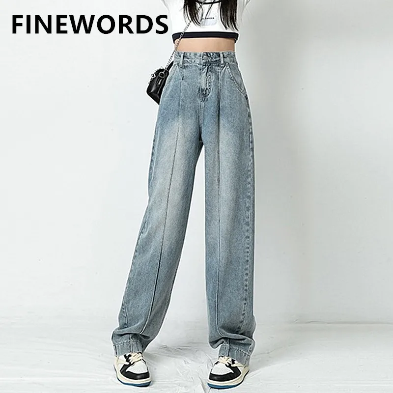 

FINEWORDS High Waist Korean Vintage Jeans Women Casual Streetwear Loose Full Length Boyfriend Jeans Wide Leg Washed Denim Pants