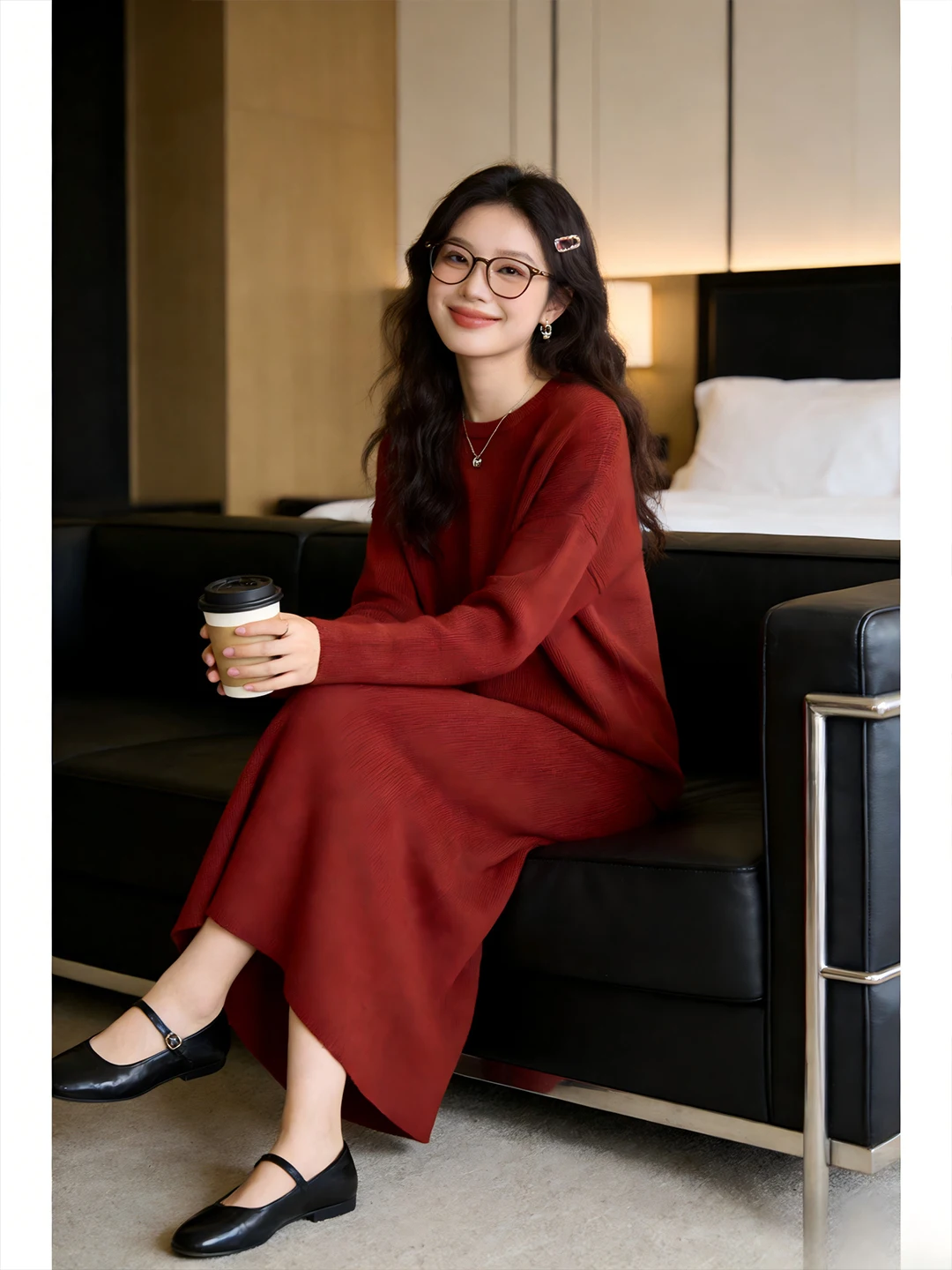 

Red Knitted Sweater Base irt Loose Casual Wide Leg Pants New Year Unique Outfit Small Size Set Korean Sle Faion Set