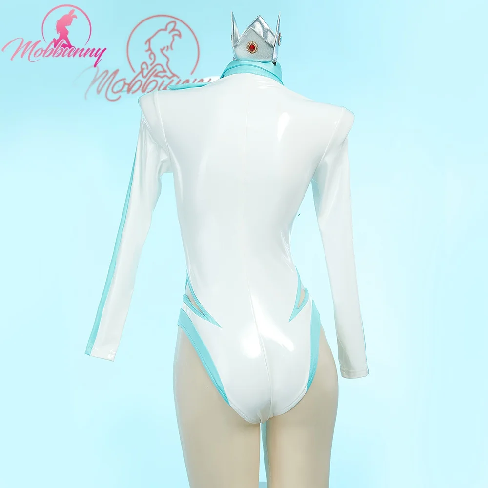 MOBBUNNY Women Princess Derivative Lingerie Racing Suit Striped Cutout Bodysuit with Crown Gloves Cosplay Costume