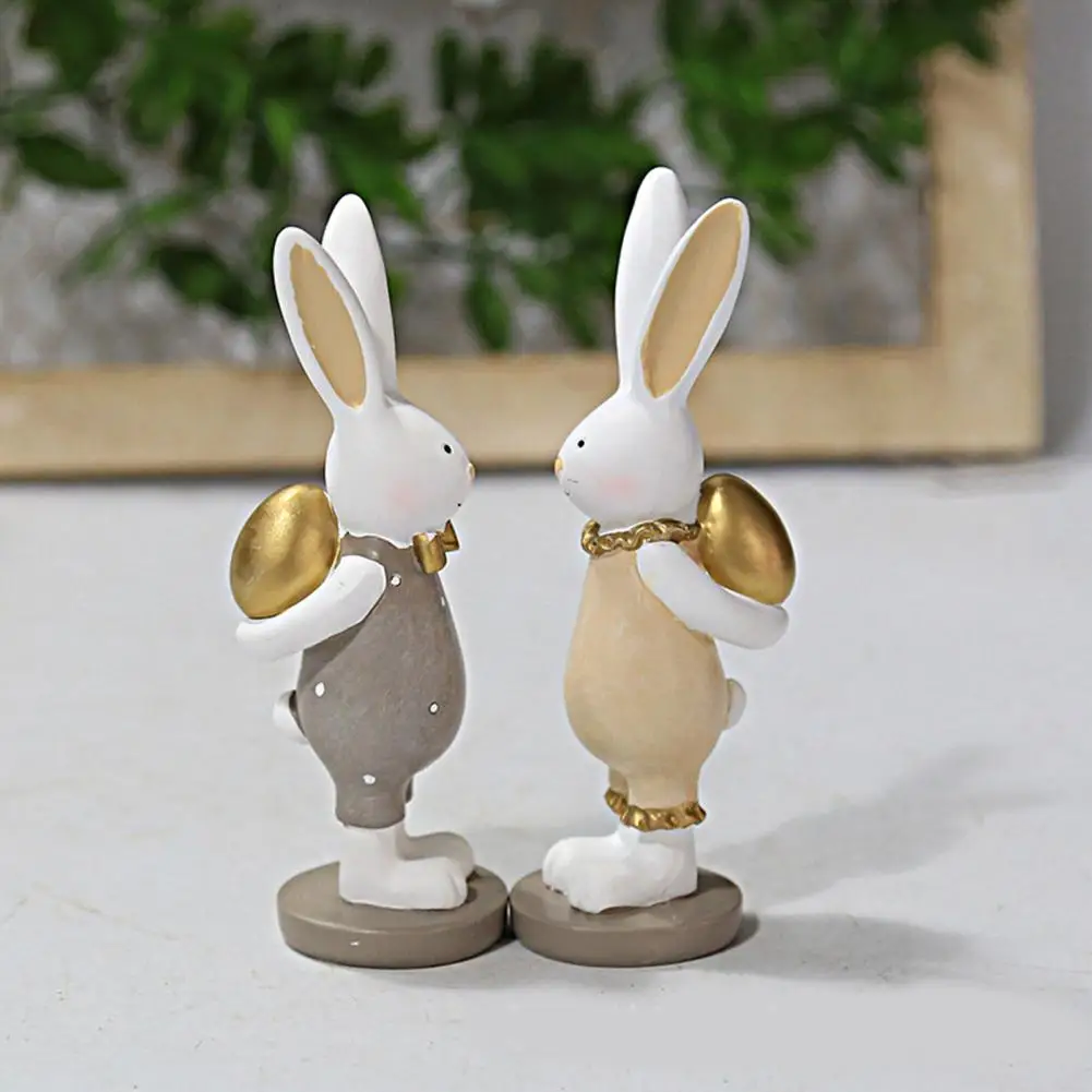 1 Pair Rabbit Ornament Hand-painted Synthetic Resin Happy Easter Hunting Egg Bunny Figurine Decor easter decoration 2023