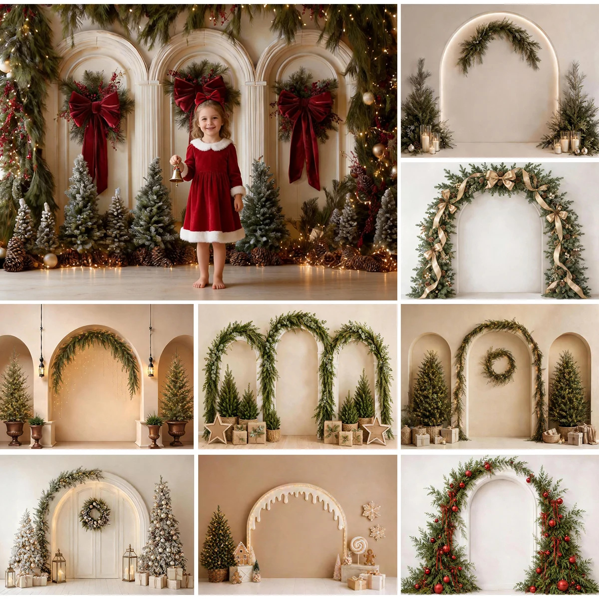 Elegant Neutral Beige Arch Christmas Greenery Garland Decor Photography Background For Children Baby Family Studio Photo Props