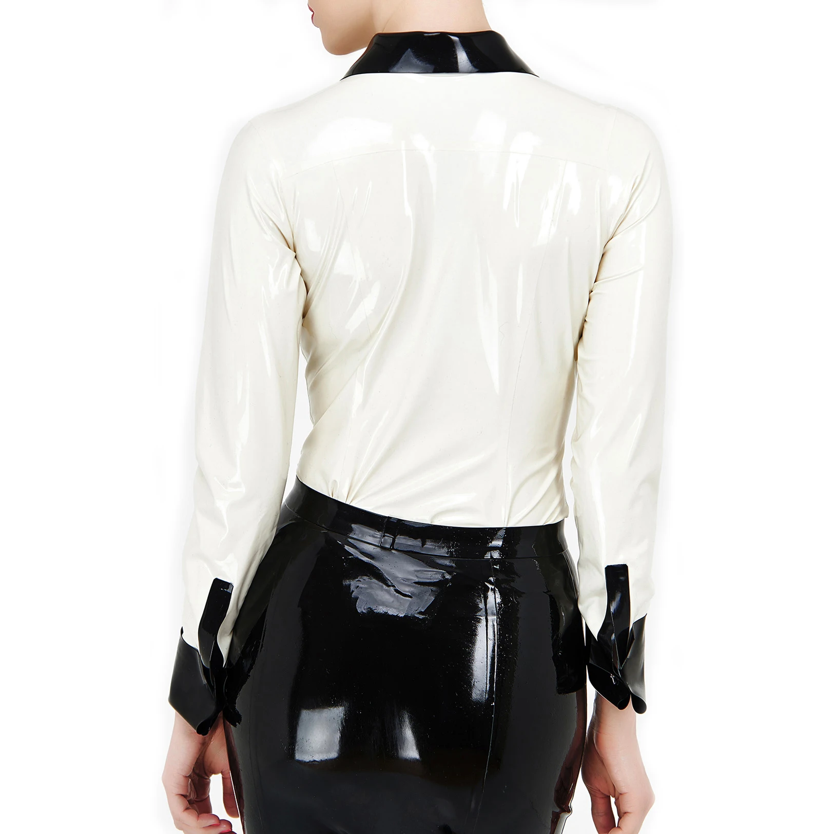 White And Black Sexy Latex Shirt With Buttons At Front Long Sleeves Turn Down Collar Rubber Blouse Top Clothing YF-0118