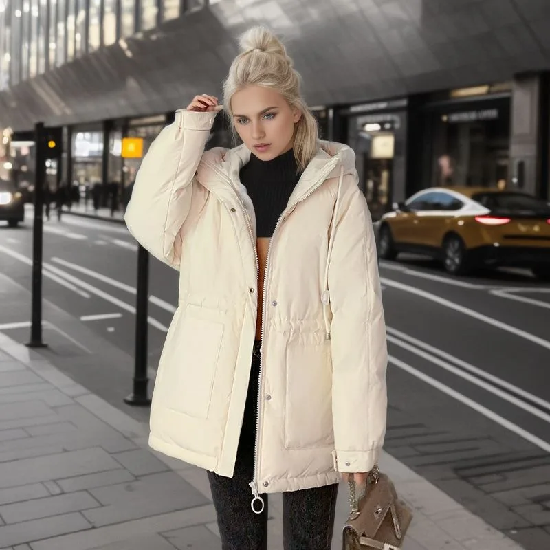 

2024 Winter White Parkas Jackets Women Slim Hooded Thicken Warm Padded Coat Female Soled Down Cotton Jacket Snow Wear Outwear