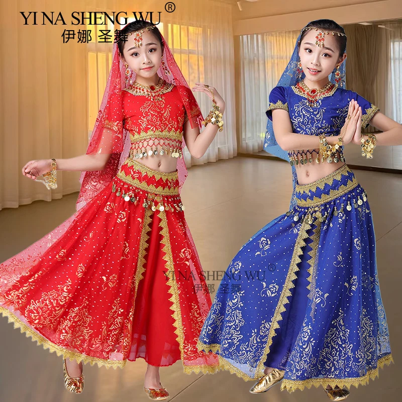 New Style Girl Kids Belly Dance Indian Costume Set Oriental Dance Sari Bollywood Children Chiffon Performance Stage Outfit