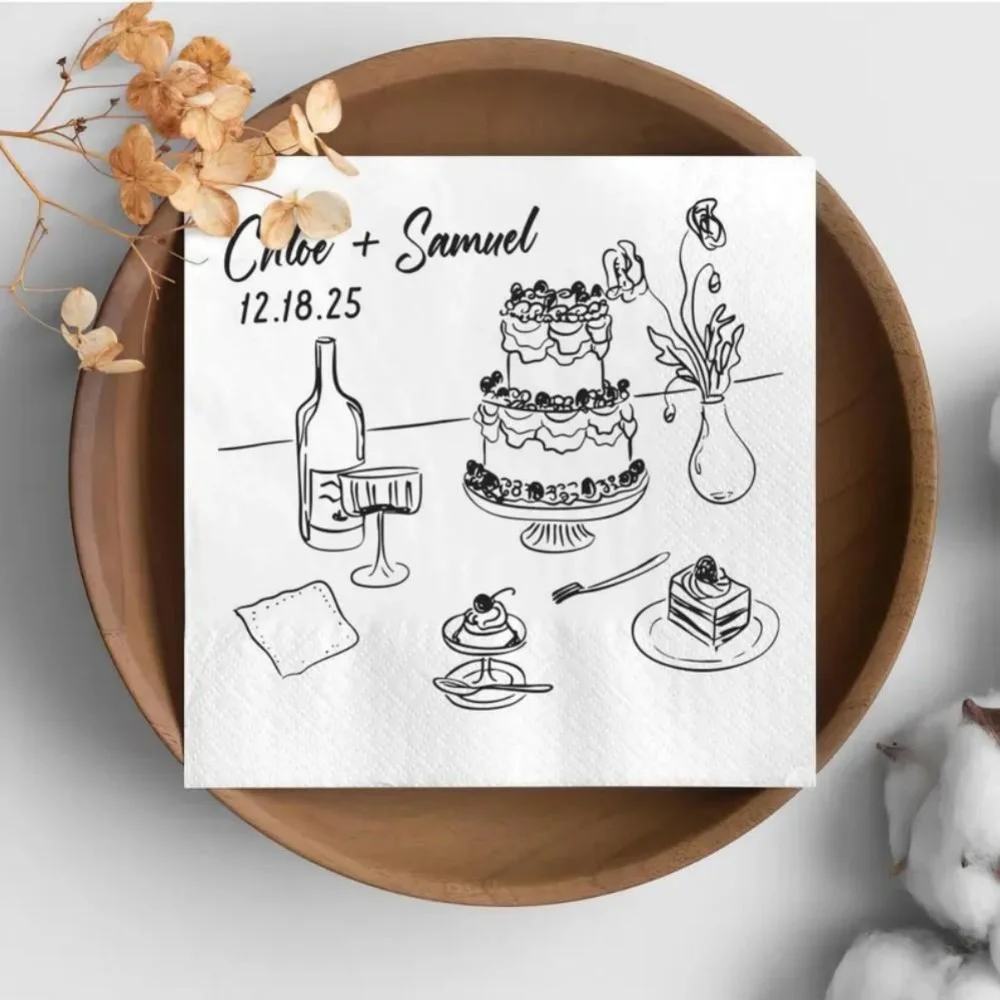 مناديل زفاف مخصصة، مناديل زفاف ذات اسم مخصص، مناديل كوكتيل أنيقة، ديكور طاولة الزفاف، مناديل استقبال الزفاف