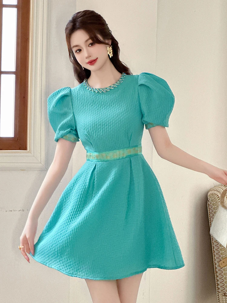 Vestido de baile de luxo com pescoço o para mulher, vestido de baile doce, manga folhada, fino, curto, festa, férias, roupas de rua