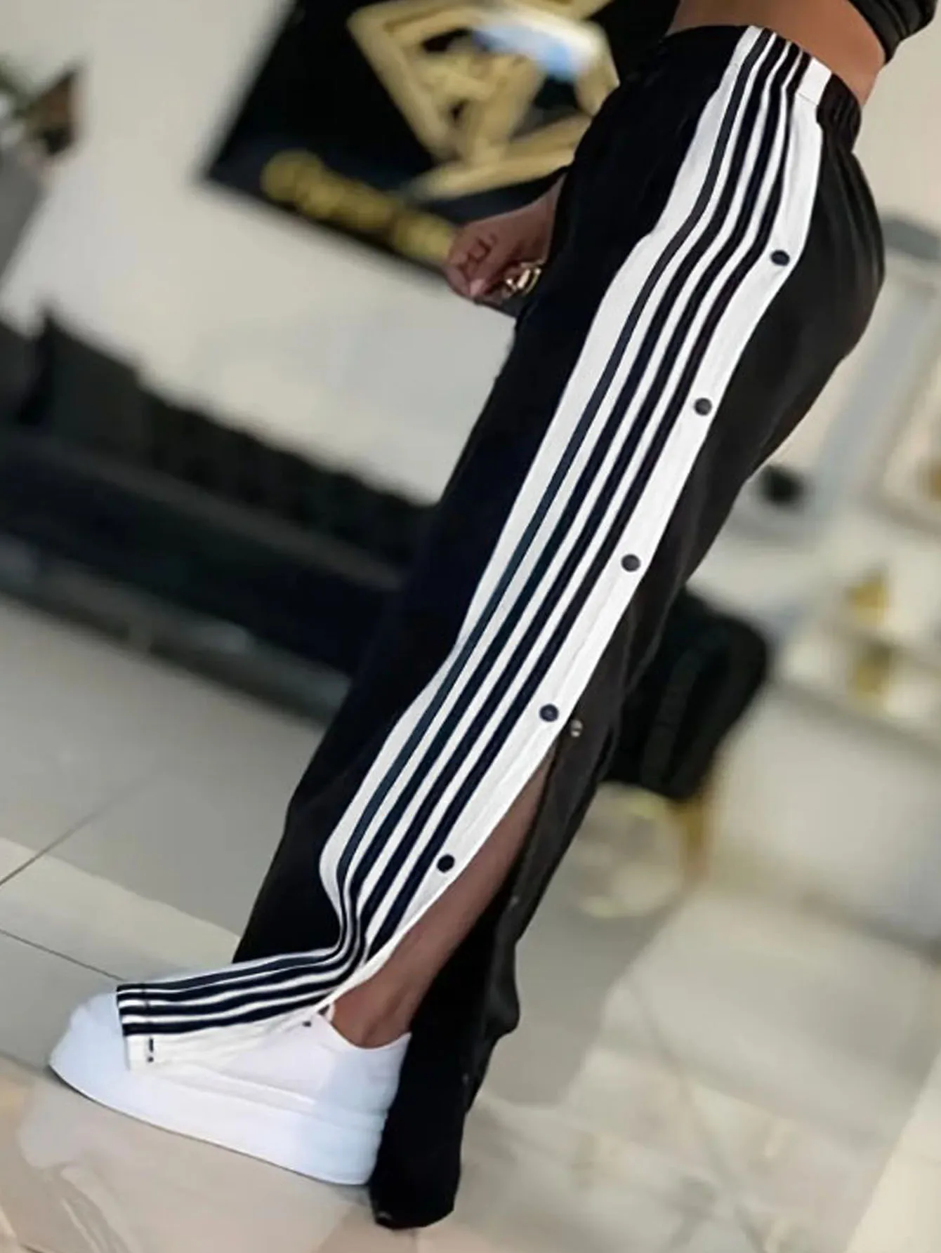 Women's Fashion Trend Straight-Leg Pants European And American Style Striped Side-Breasted Wide-Leg Trousers