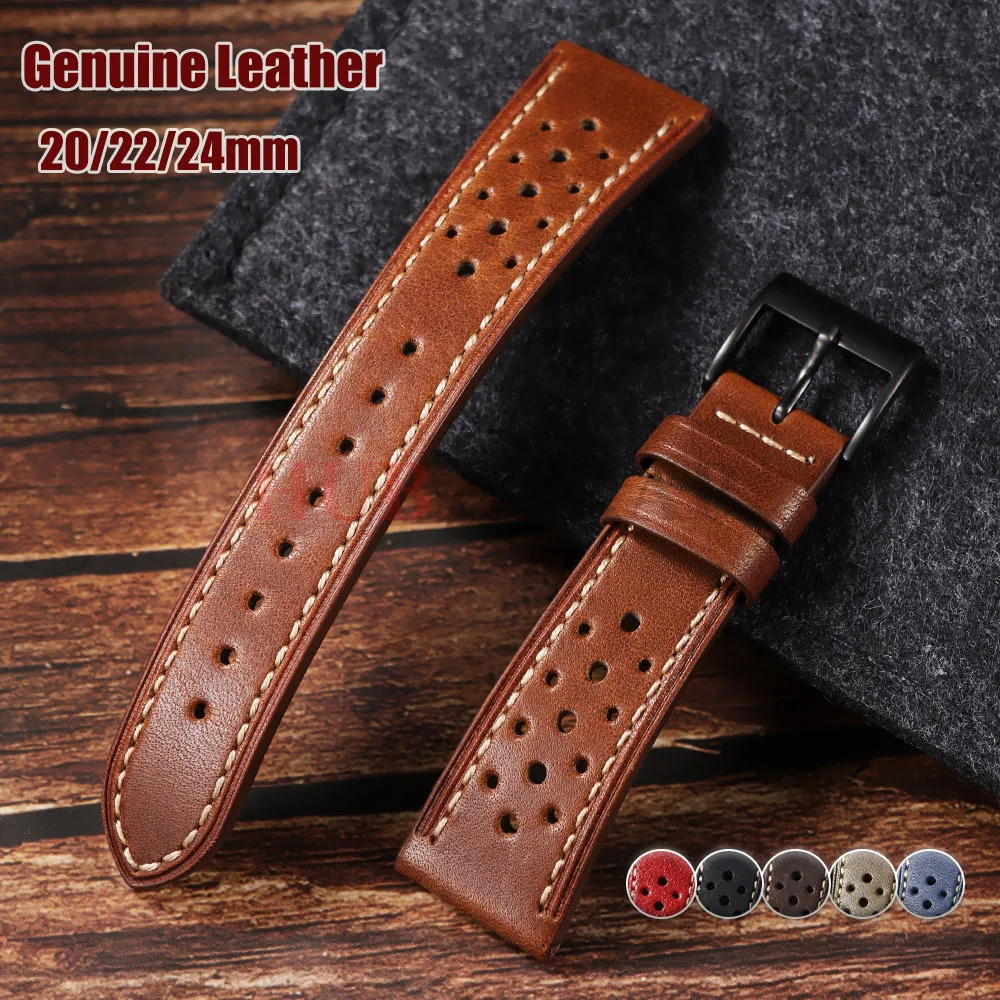 20 22 24mm Handmade First Layer of Cowhide Genuine Leather Watchband Ventilation Holes Breathable Universal Watchband for Seiko