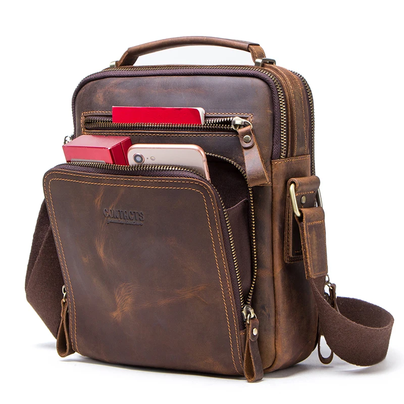 CONTACT'S Crazy Horse Leder Herren-Umhängetasche Vintage Messenger-Taschen Herren Crossbody-Taschen Handtasche Schultertasche Alltagstaschen