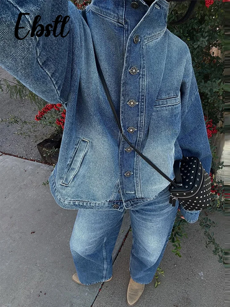 

Повседневная джинсовая куртка с воротником-стойкой и брюками, комплект весны 2026, новое однобортное пальто с карманами, длинные джинсы, женская уличная одежда