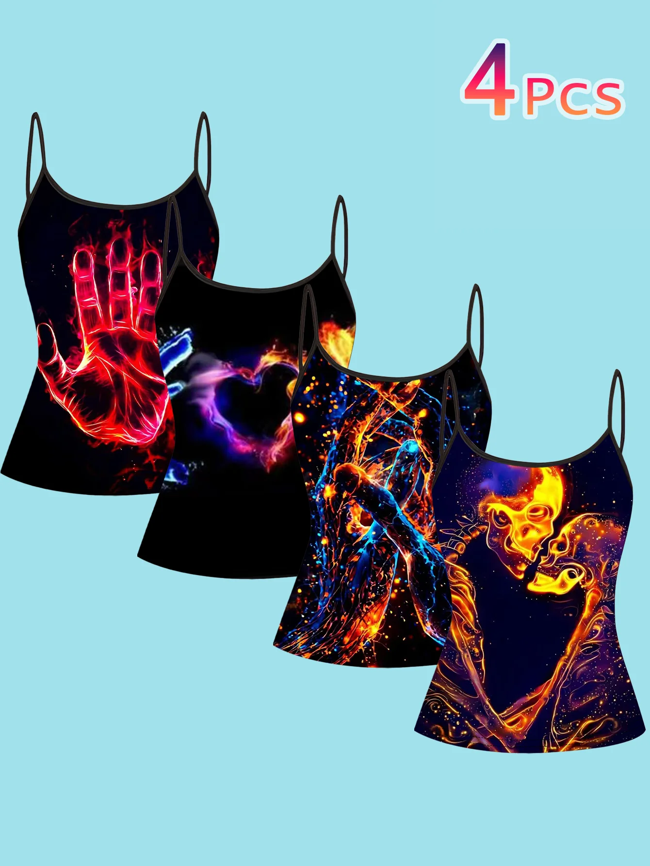 4-Piece Set of Neon Flame Art Print Camisole Tops for Women, Featuring Glowing Palms, Intertwined Hearts, Flame Faces, Abstract Thin Straps, Slim-Fit Inner Tops