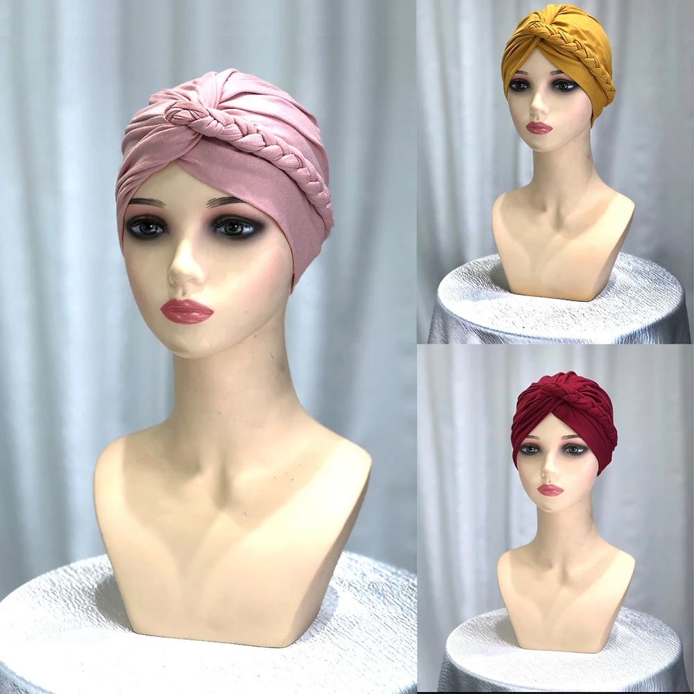 2024 summer new solid color side braided headband cap headscarf solid color versatile soft headscarf cap ladies headscarf