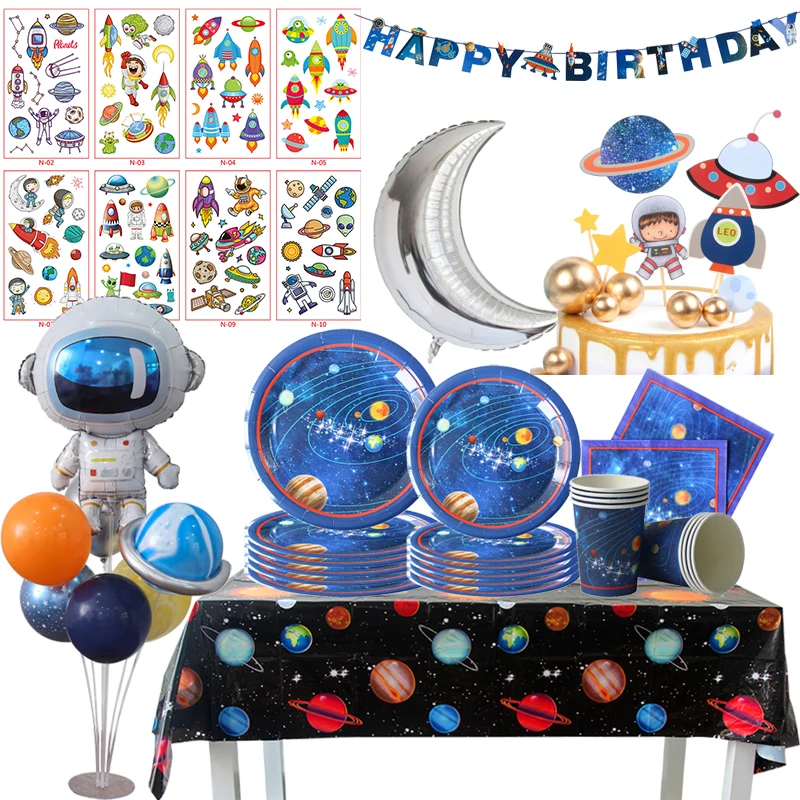 Decoración de fiesta de planeta espacial, vajilla desechable, vasos de papel, platos, servilletas, suministros de fiesta de cumpleaños para niños, globos, pancarta