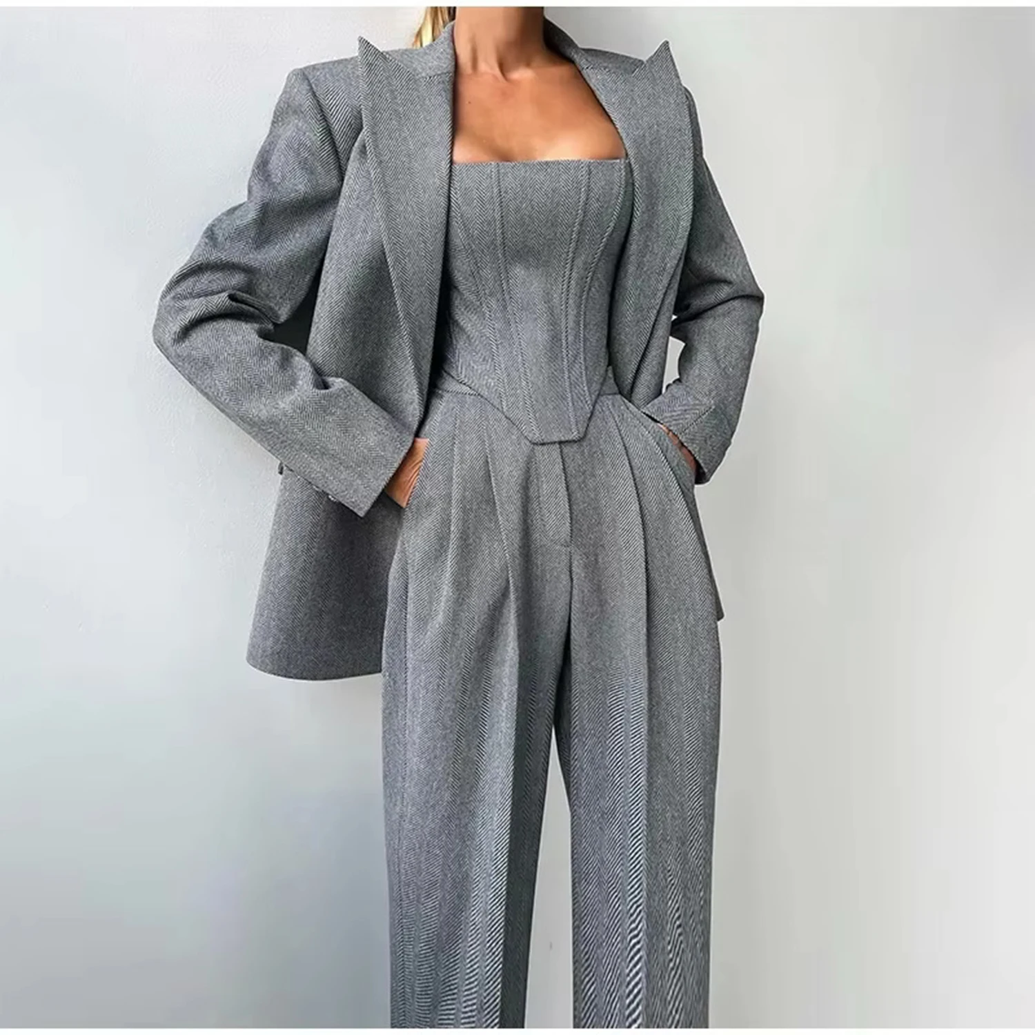 

Herringbone Women's 2 Piece Set Suit Fashion Blazer Casual Daily Outfits Elegant Pantsuit Set Customize