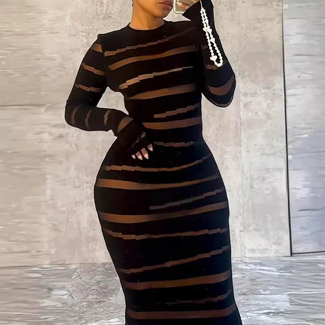 

Women Dress Long Dresses Round Neck Striped Bodycon Club Party High Waist Sexy Elegant Slim Fit Temperament Sheath Vestidos 2025