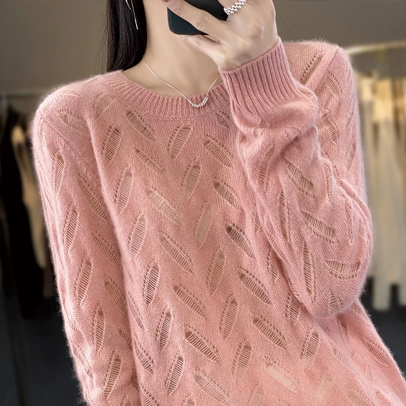 Spring New Ladies 100% Wool Soft Breathable Sweater Round Neck Hollow Out Pullover Casual Knitted Thin Sweater Slim-Fit Tops