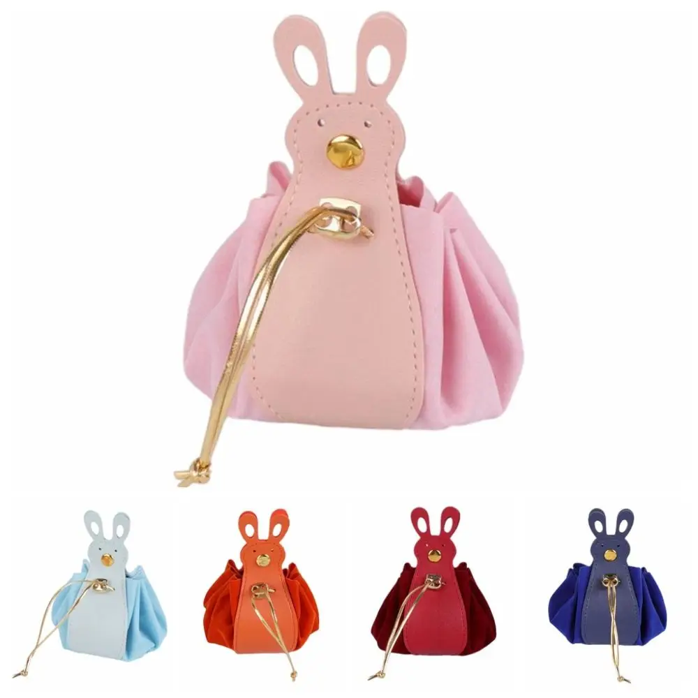 PU Leather Velvet Drawstring Bag Korean Style Storage Bag Cartoon Rabbit Ear Handbag Large Capacity New Year Festive Sugar Bag