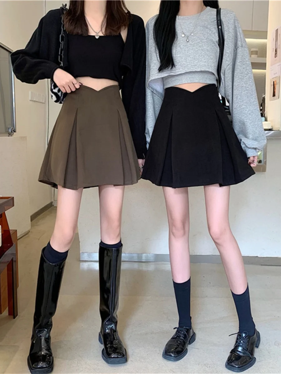 

Юбка трапециевидной формы цвета хаки с высокой талией, женская осенняя юбка больших размеров для похудения, корейская однотонная юбка для поездок на работу