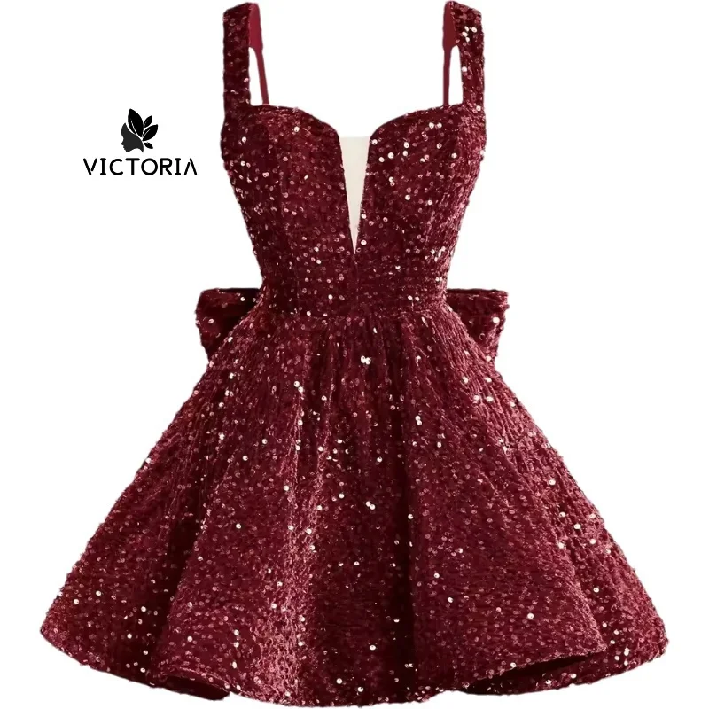 Customized Sparkly Sequin Homecoming Dresses Short Spaghetti Straps V Neck Cocktail Party Gowns with Bow Mini Graduation Dress