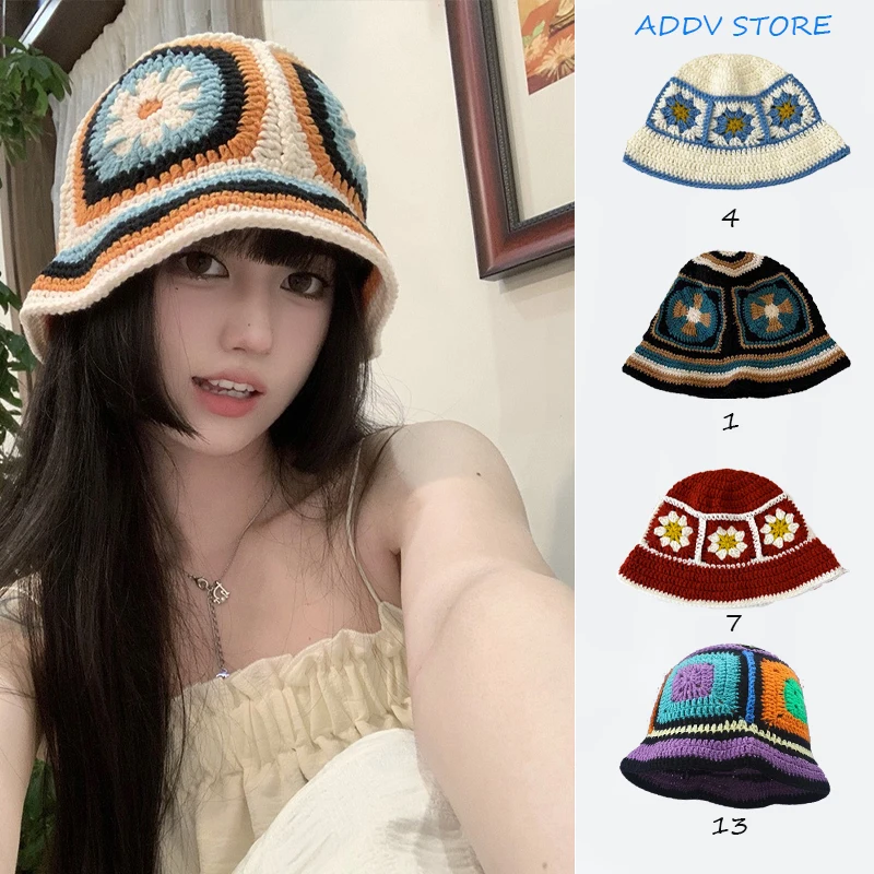 

Y2k Vintage Korea Handmade Designer Knitted Crochet Bucket Hats for Women Summer Beach Cap Flower Hollow Bob Sombreros De Mujer