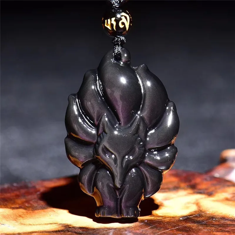 Natural Chinese Rainbow Eye Obsidian Hand Carved Nine Tail Fox Pendant Fashion Jewelry Men and Women Necklace Popular Gift