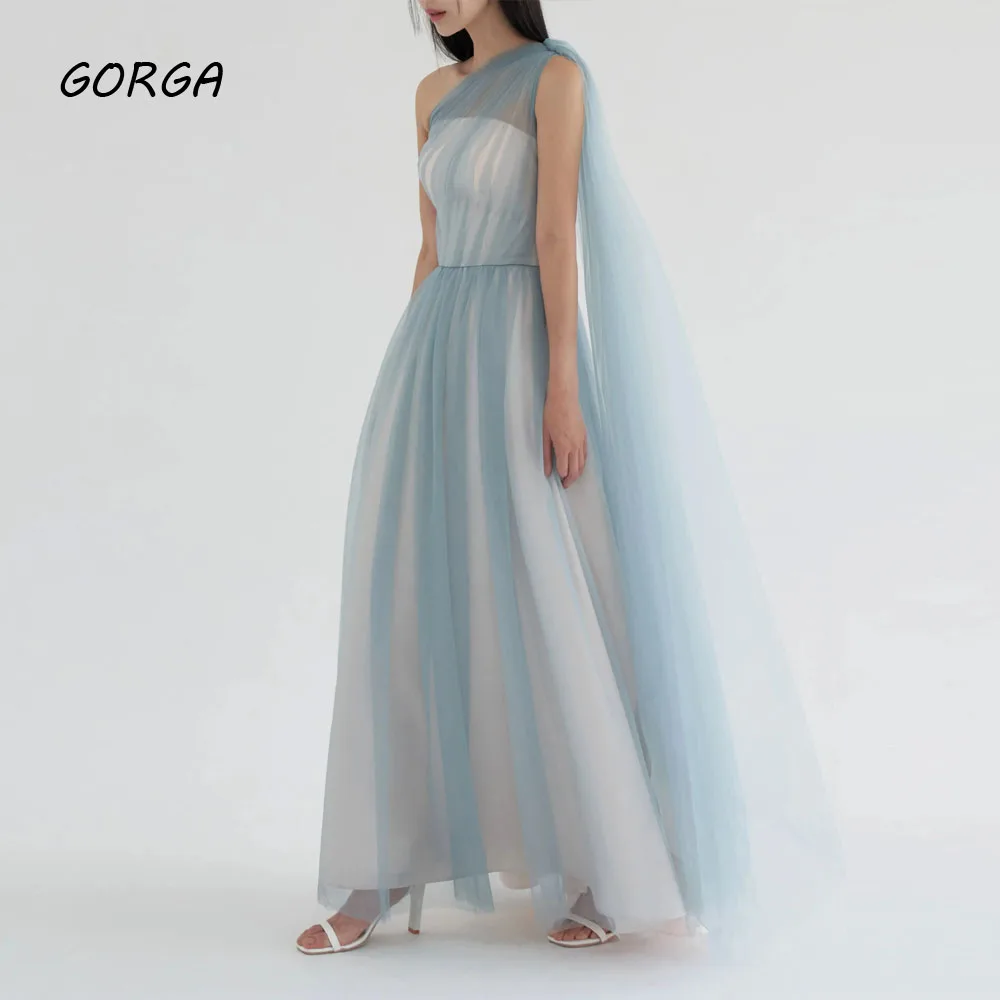 

GORGA Simple Blue Fairy Tulle A Line Korea Evening Dresses Wedding Photo shoot One Shoulder Floor Length Prom Gowns Bride Dress