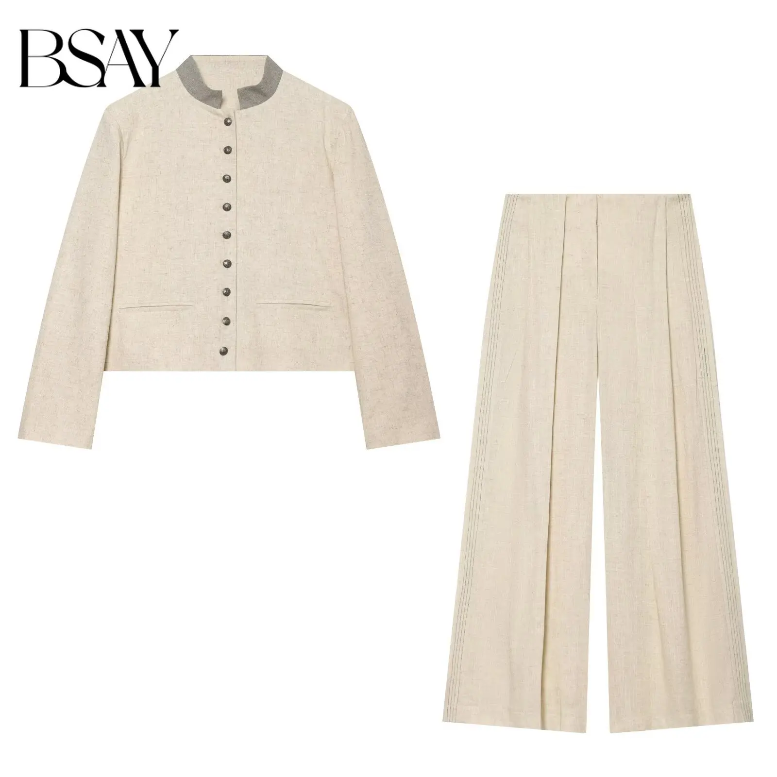 BSAY French Style Two-Piece Set Women's Stand Collar Cropped Blazer High Waist Wide Leg Pants Elegant Office Daily Casual Outfit