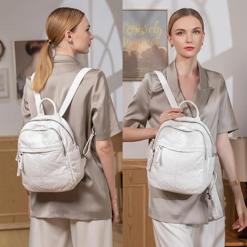 Mochila pequeña de cuero para mujer, bolso de señora, mochilas estéticas de moda, bolso blanco, mochila antirrobo informal