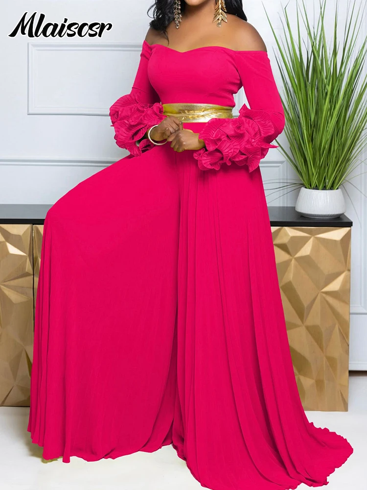 

Mlaiscsr Fashion Off The Shoulder Ruffle Sleeve Formal Jumpsuit Gold Waist Sashes Wide Leg Maxi Rompers for Women Perfect Gala