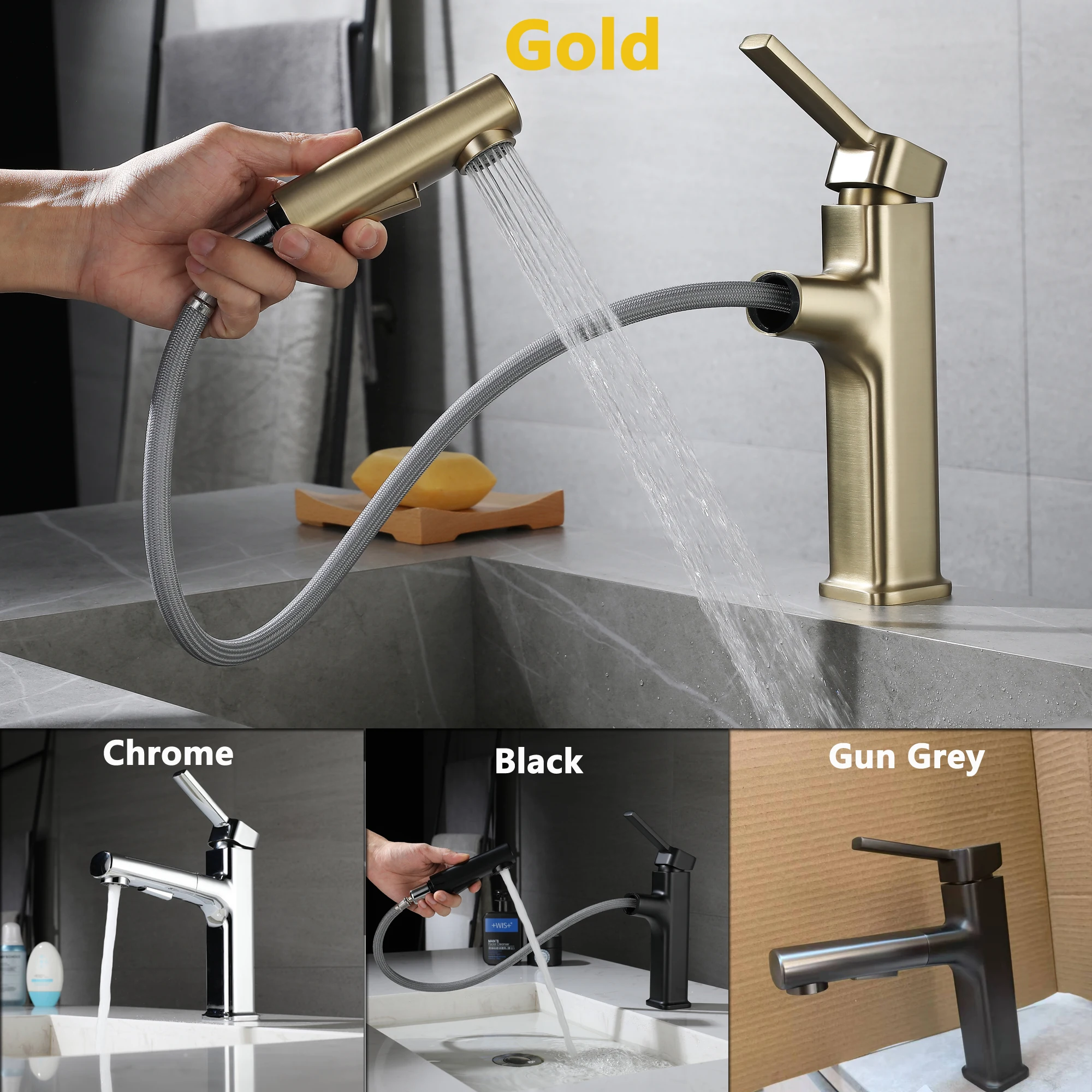 SKOWLL Pull Down Faucet Deck Mount Single Hole Bathroom Faucet，Brushed Gold  WC-6913