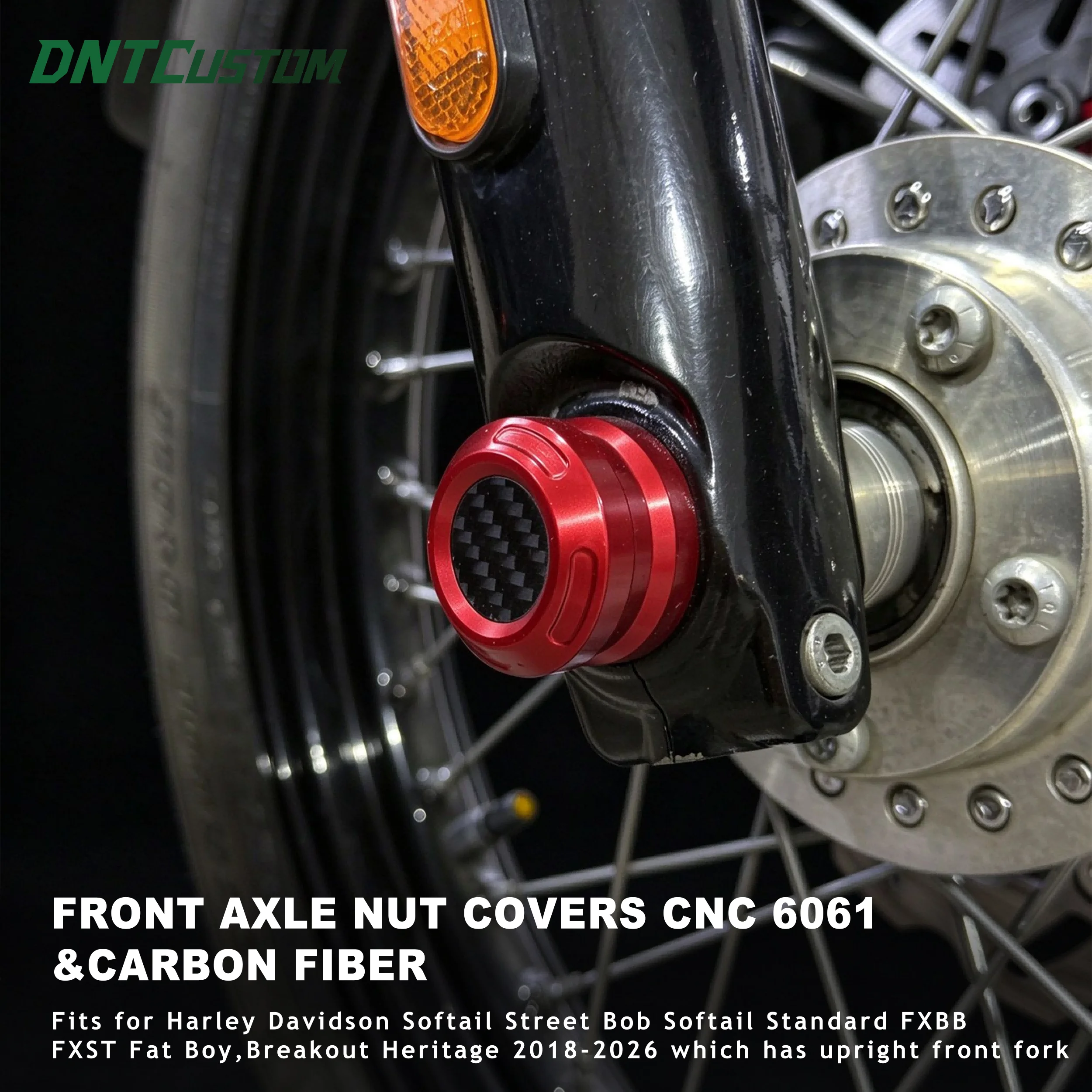DNTCUSTOM Upright Front Forks Anodized Front Axle Covers&Carbon Fiber Inlay for Harley Breakout Heritage 18-26 Motorcycle Parts
