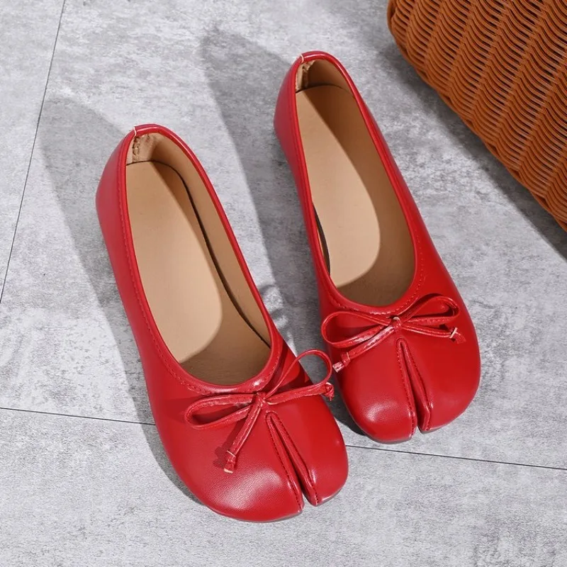 Zapatos Planos de Ballet Tabi con Punta Dividida Suave para Mujer, con Lazo, de Cuero, Punta Redonda, Bailarinas de Tacón Bajo, Mocasines Casuales sin Cordones 2026