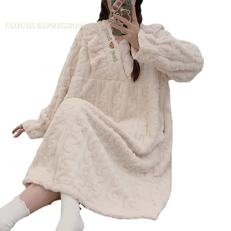 Winter 4XL Warm Velvet Plush Nightdress Kawaii Girls Sleeping Dress Women\'s Nightgowns Nighttie Ladies Sleepshirts Home Skirts