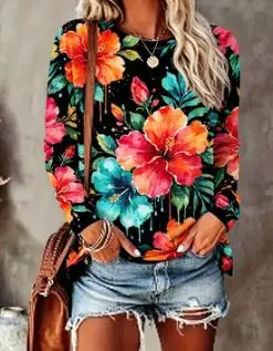 Women's Floral Print Top Navy Blue Colorful Long Sleeve Crew Neck T Shirt