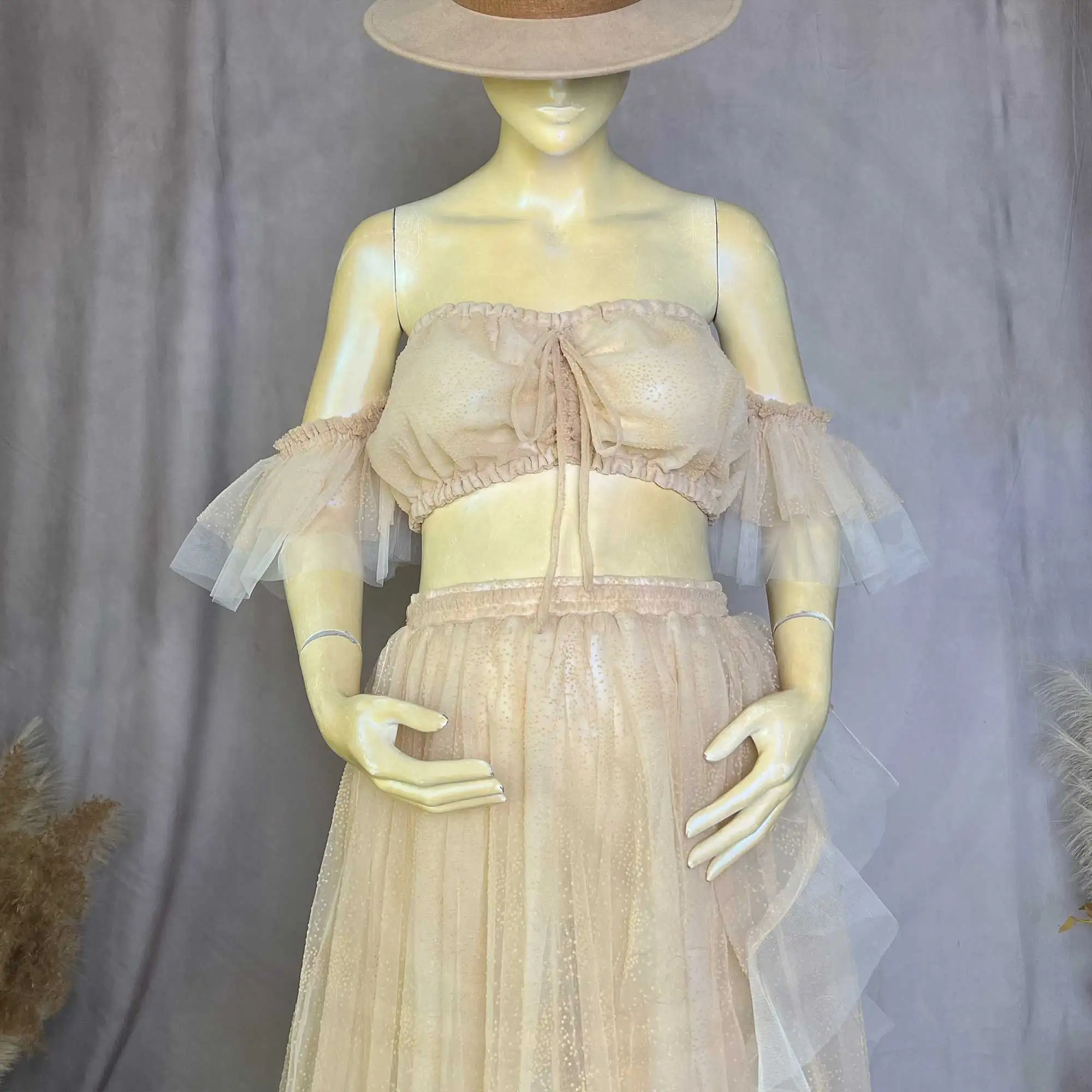 Ropa nueva para mujeres embarazadas, conjunto de dos piezas de tul con hombros descubiertos para Baby Shower, fotografía de playa de verano, fiesta de boda, 2025