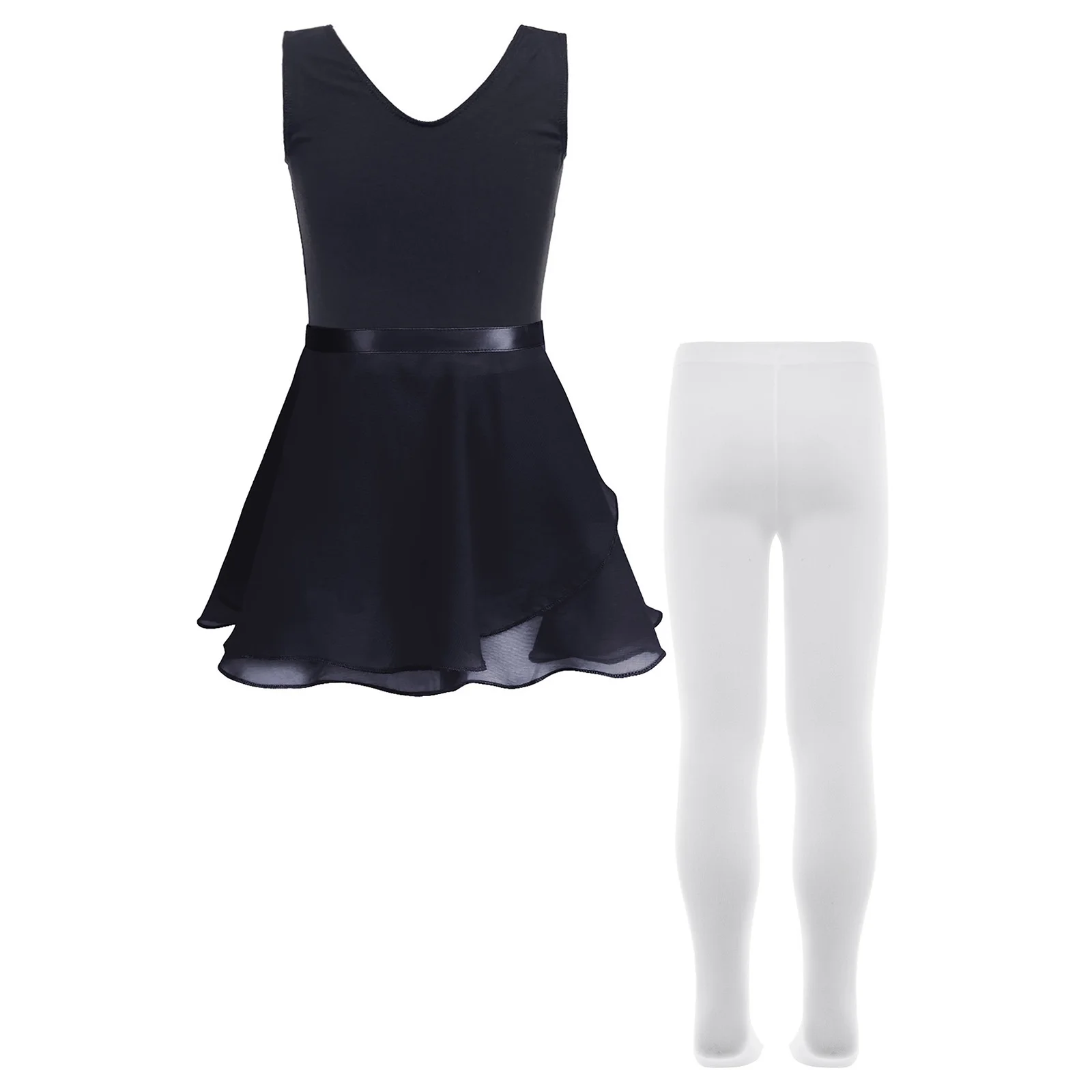 Black Ballet Dance Dress Kid Girl Sleeveless Gymnastics Leotard+Self-Tie Skirt+Pantyhose Stage Performance Lyrical Dance Costume