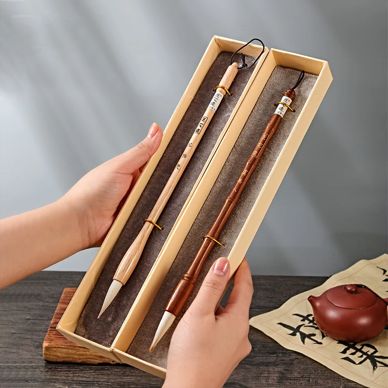 

Luxurious Hardcover Wood Calligraphy Brush Pen Chinese Calligraphy Painting Brush Pen Weasel Hair Regular Script Writing Brush