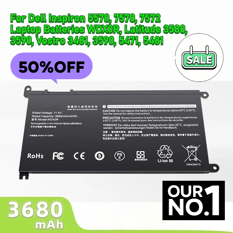

For Dell Inspiron 5570, 7570, 7572 Laptop Batteries WDX0R, Latitude 3580, 3590, Vostro 3481, 3590, 5471, 5481