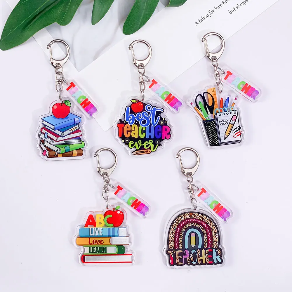 5Pcs Teachers' Day Acrylic Car Keychain Accessories Cute Bag Charm Backpack Pendant Key Ring Gifts For Love Respect the Teacher