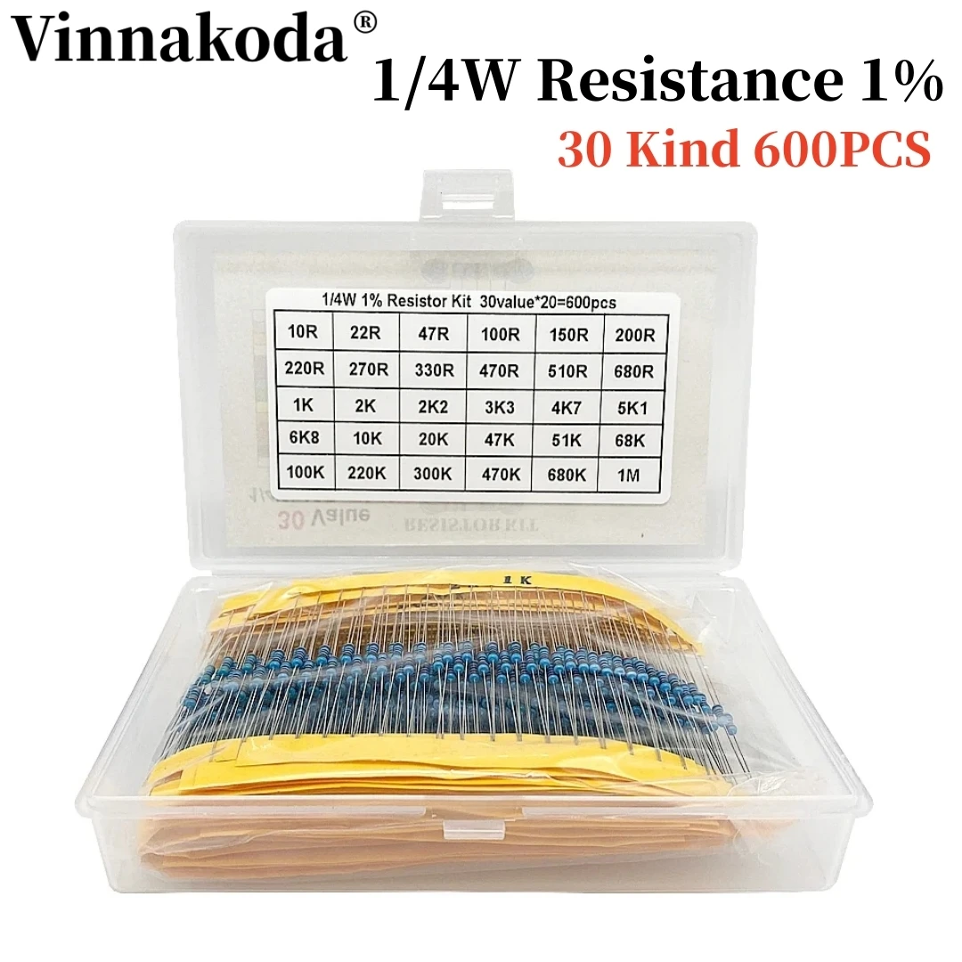 600pcs 1/4W Resistance 1% 30 Kind Each 10pcs/20pcs Film Resistor Assorted Kit with box