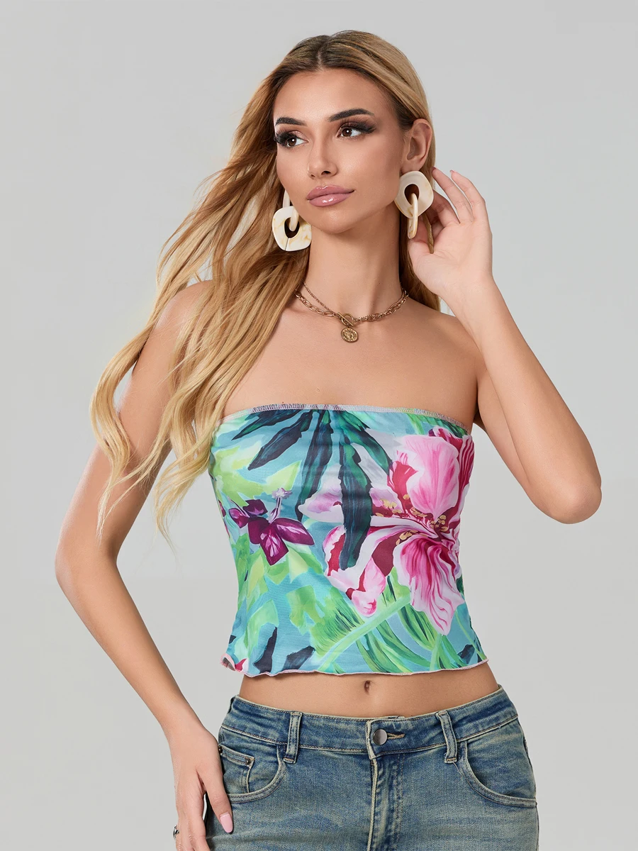 Women Floral Tube Tops Bandeau Summer Retro Vintage Strapless Off Shoulder Slim Fit Crop Tops Aesthetic Camis Vests Streetwear