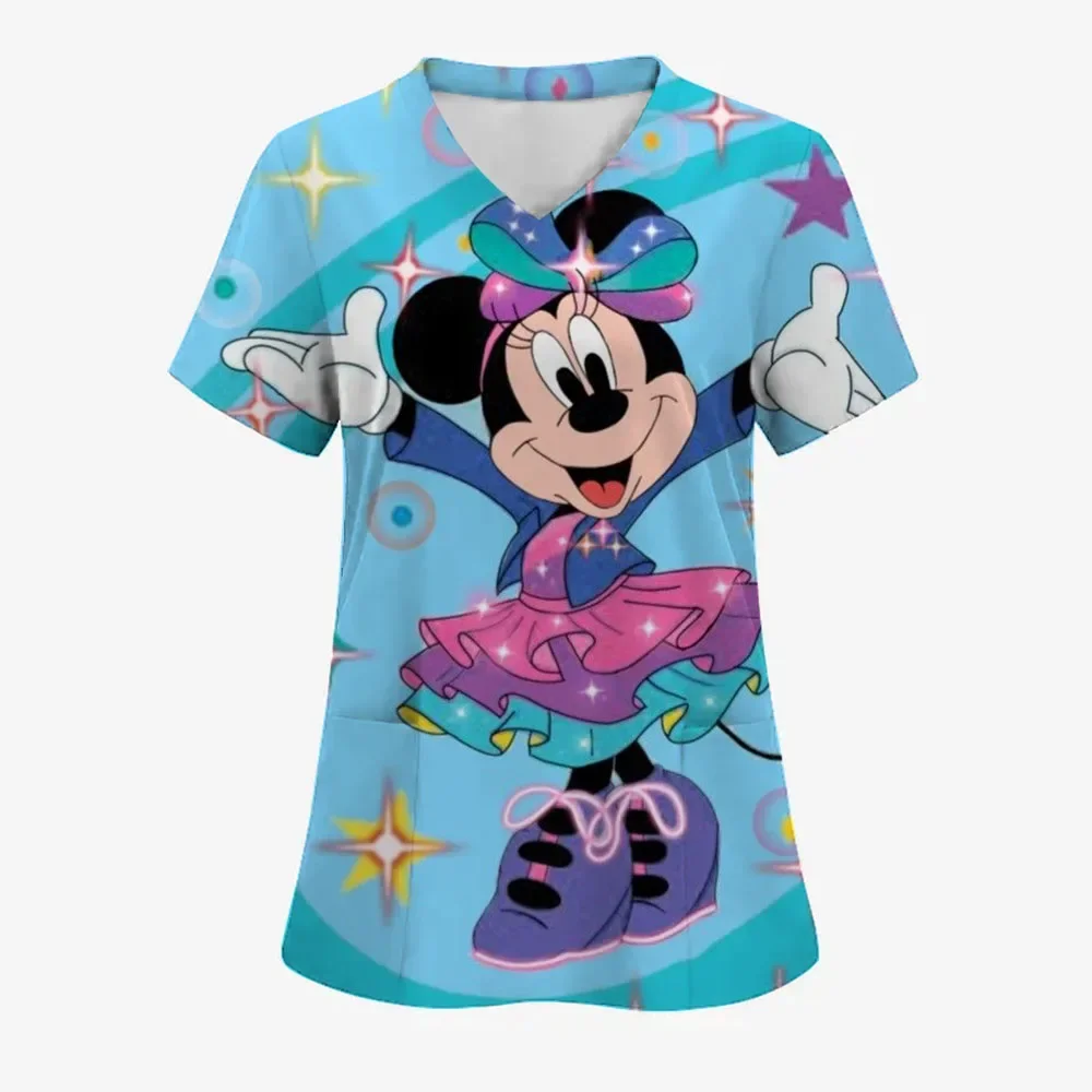 

Scrub Medical Woman Mickey Mouse Print Health Care Nursing V-Neck Short Sleeve Pocket Tops Medical Uniform for Women
