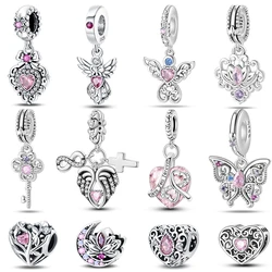 925 Sterling Silver Classic Purple Retro Heart Shape Lotus Angel Pattern Charms Beads Fit Qikaola bracciali originali gioielli fai da te