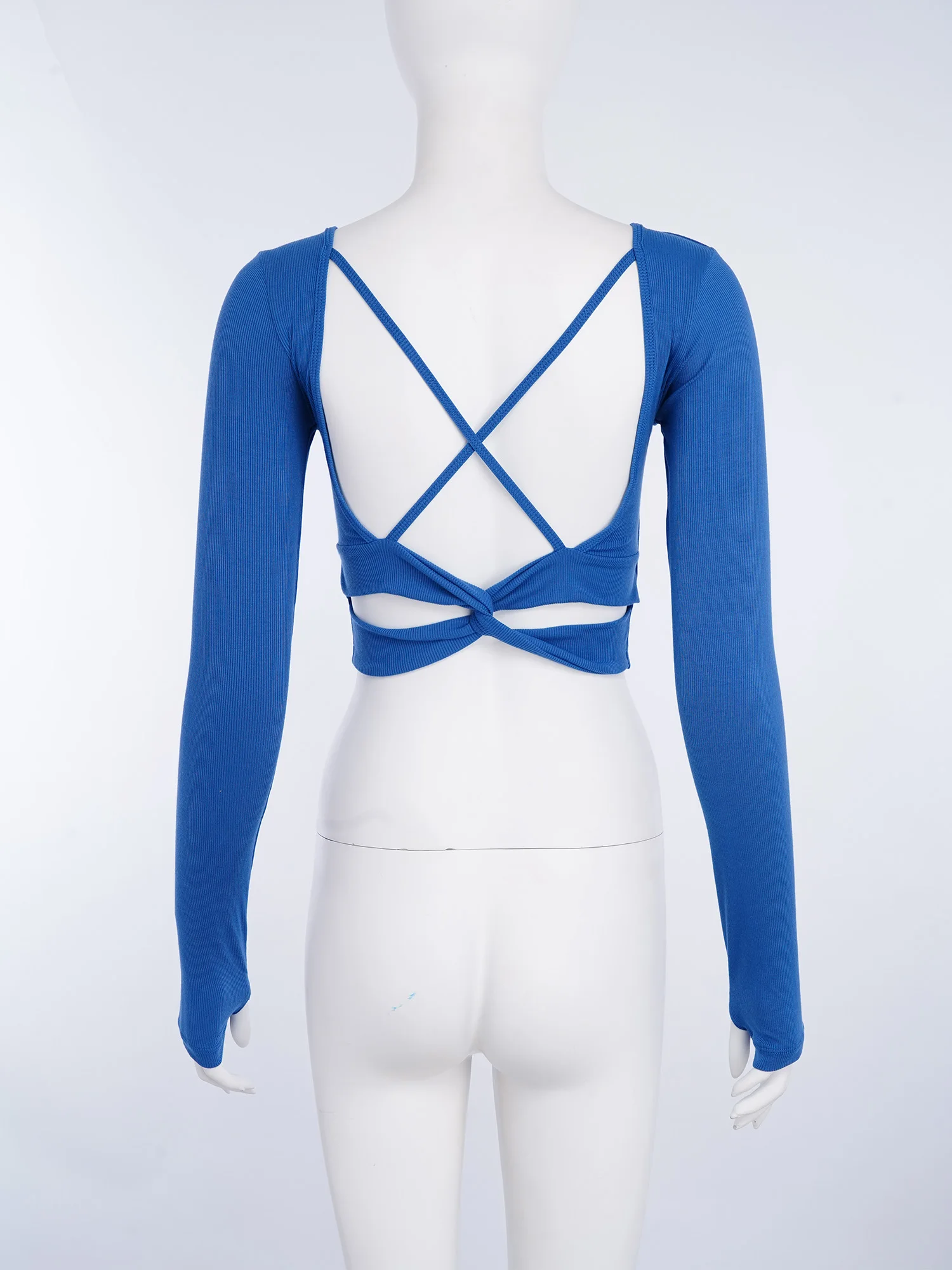 

Women Cross Back Yoga Workout Tops Shirts with Removable Chest Pads Basic Round Neck Long Sleeves Thumbhole Ribbed Crop Top