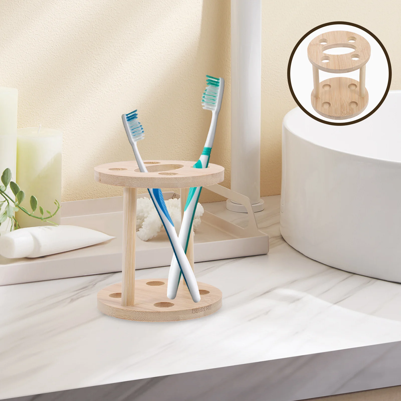 

Bamboo Toothbrush Holder Stand Organizer Sturdy Bathroom Countertop Multi Grid Storage Rack Desktop Vanity Decor