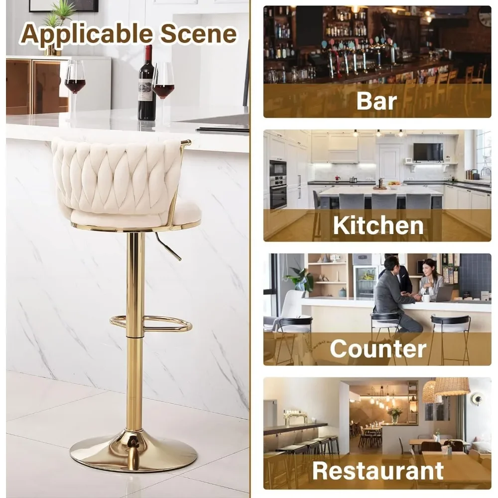 Stools Set of 2,360° Swivel Woven Modern Gold Bar Stools,Adjustable Height Barstools with Backs Gold Metal